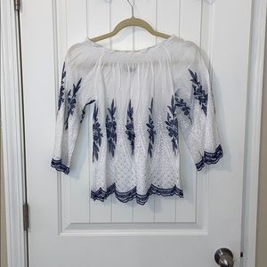 Off the shoulder white and navy blouse